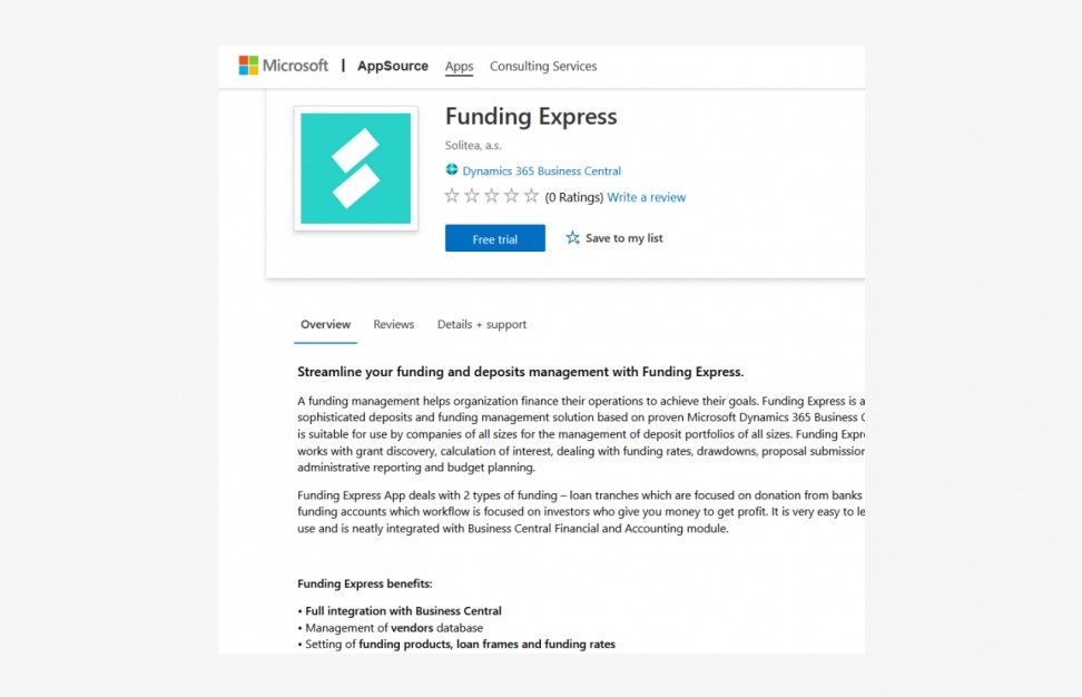 Trial verze Funding Express v Microsoft AppSource