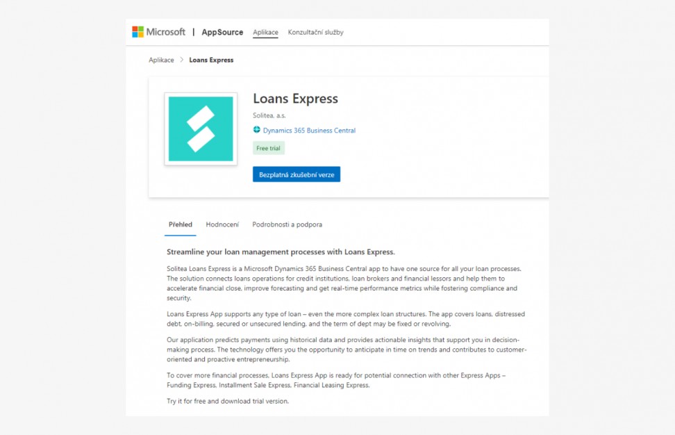 Trial verze Loans Express v Microsoft AppSource